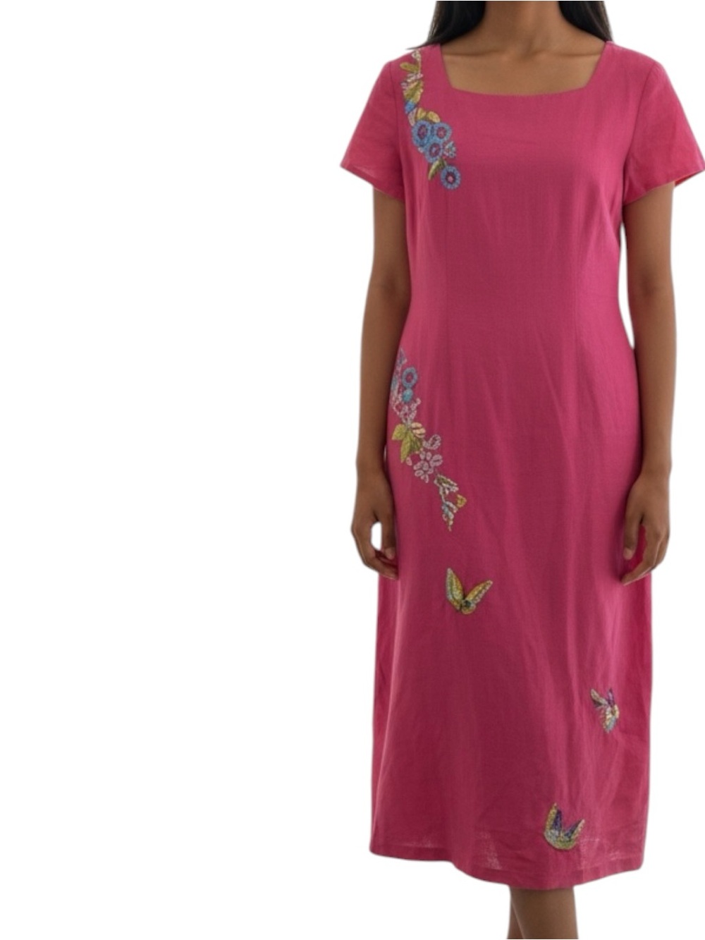 Vintage Donna Morgan Linen Blend Pink Embroidered Short-Sleeve Midi Dress